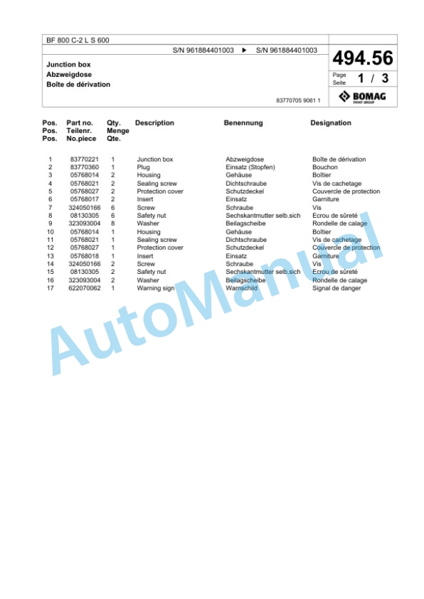 Bomag BF 800 C-2 L S 600 Paver Spare Parts Catalogue 00827007-4