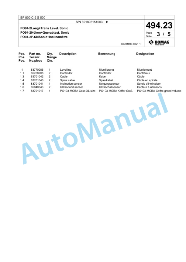 Bomag BF 800 C-2 S 500 Paver Spare Parts Catalogue 00800915-2