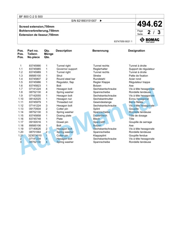 Bomag BF 800 C-2 S 500 Paver Spare Parts Catalogue 00800915-3