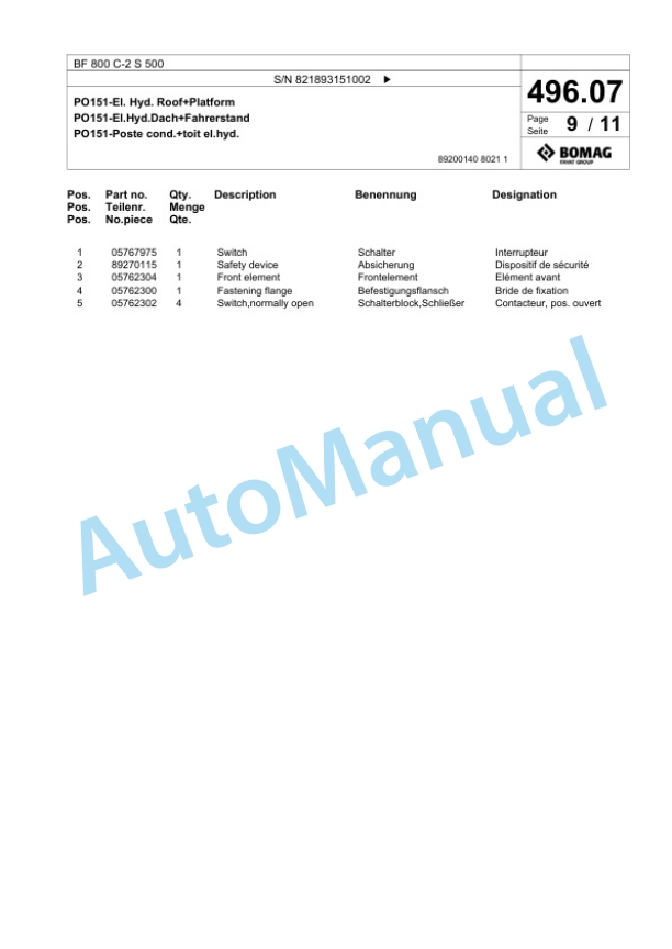 Bomag BF 800 C-2 S 500 Paver Spare Parts Catalogue 00800915-5