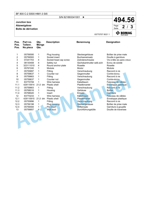 Bomag BF 800 C-2 S500 HMI1.0 St5 Paver Spare Parts Catalogue 00825855-2