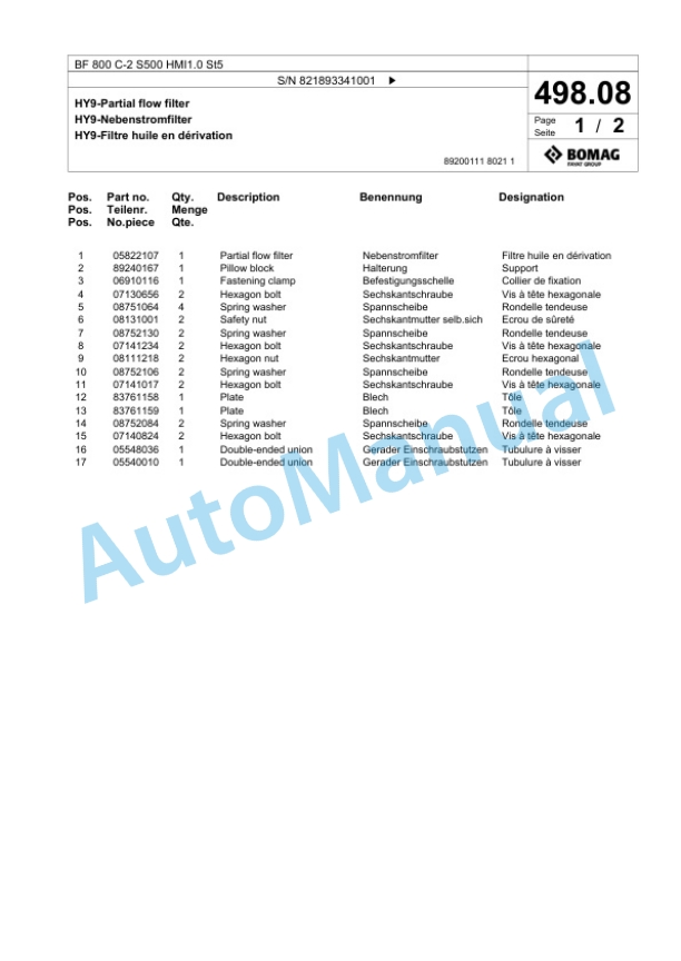 Bomag BF 800 C-2 S500 HMI1.0 St5 Paver Spare Parts Catalogue 00825855-5