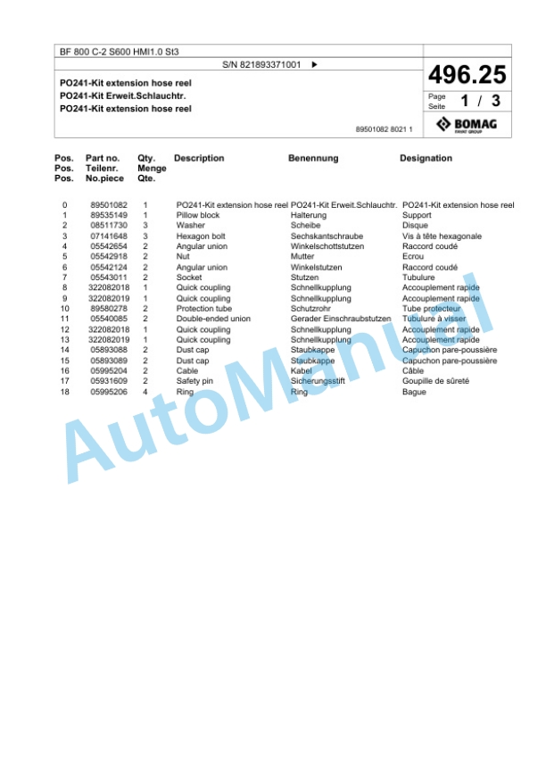 Bomag BF 800 C-2 S600 HMI1.0 St3 Paver Spare Parts Catalogue 00825861-3
