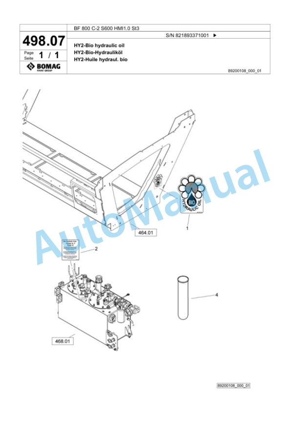 Bomag BF 800 C-2 S600 HMI1.0 St3 Paver Spare Parts Catalogue 00825861-4