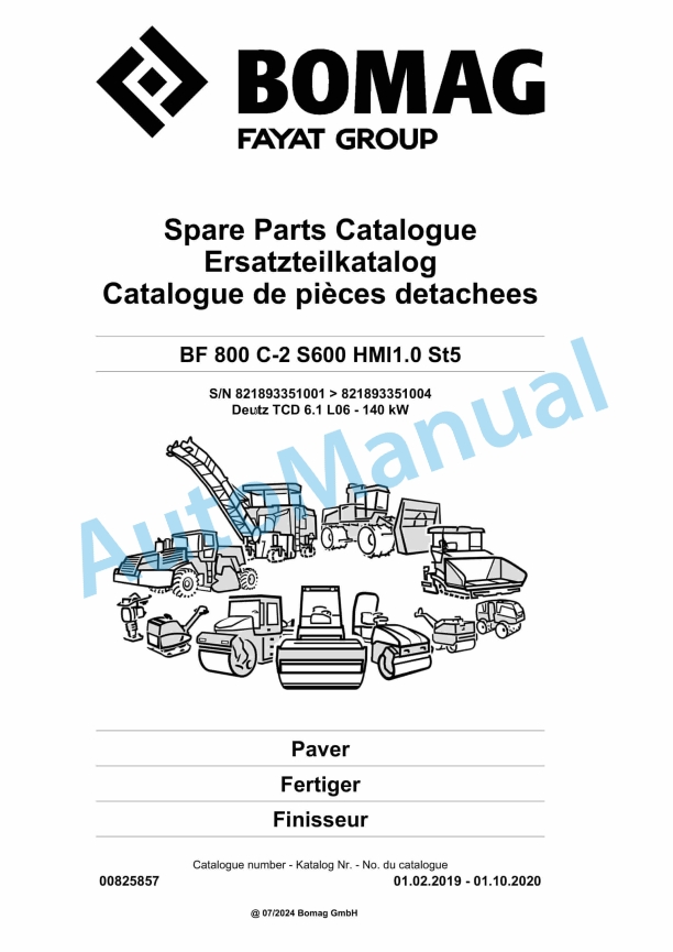 Bomag BF 800 C-2 S600 HMI1.0 St5 Paver Spare Parts Catalogue 00825857