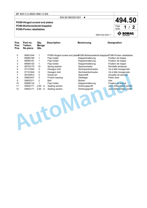 Bomag BF 800 C-2 S600 HMI1.0 St5 Paver Spare Parts Catalogue 00825857-2
