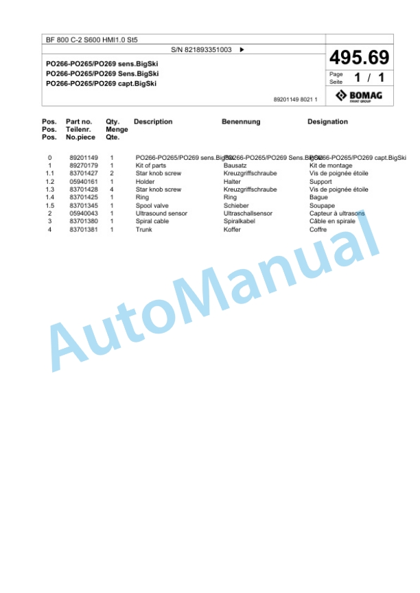 Bomag BF 800 C-2 S600 HMI1.0 St5 Paver Spare Parts Catalogue 00825857-3