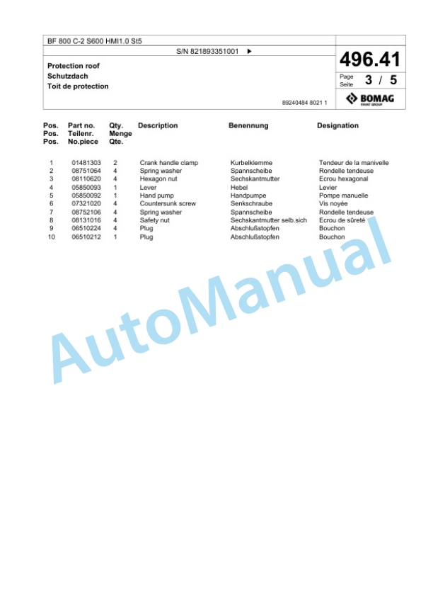 Bomag BF 800 C-2 S600 HMI1.0 St5 Paver Spare Parts Catalogue 00825857-5