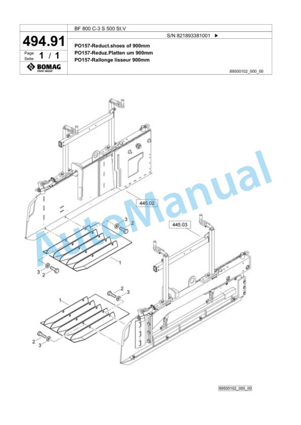 Bomag BF 800 C-3 S 500 St.V Paver Spare Parts Catalogue 00826405-3