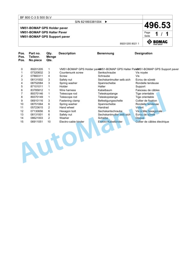 Bomag BF 800 C-3 S 500 St.V Paver Spare Parts Catalogue 00826405-5