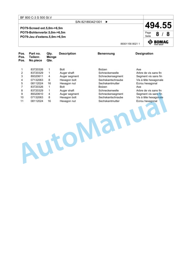 Bomag BF 800 C-3 S 500 St.V Paver Spare Parts Catalogue 00826983-2