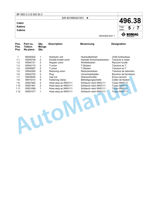 Bomag BF 800 C-3 S 500 St.V Paver Spare Parts Catalogue 00826983-3