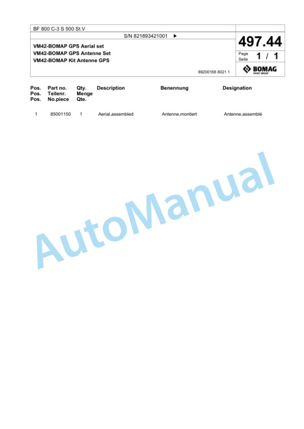 Bomag BF 800 C-3 S 500 St.V Paver Spare Parts Catalogue 00826983-4