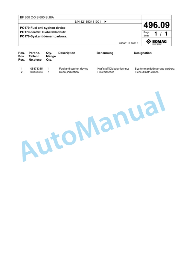 Bomag BF 800 C-3 S 600 St.IIIA Paver Spare Parts Catalogue 00826411-3