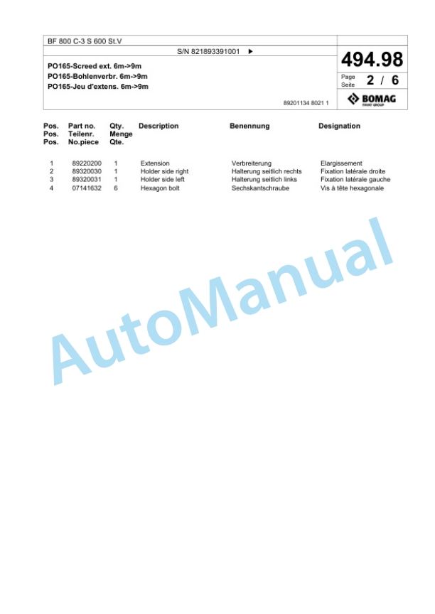 Bomag BF 800 C-3 S 600 St.V Paver Spare Parts Catalogue 00826407-3