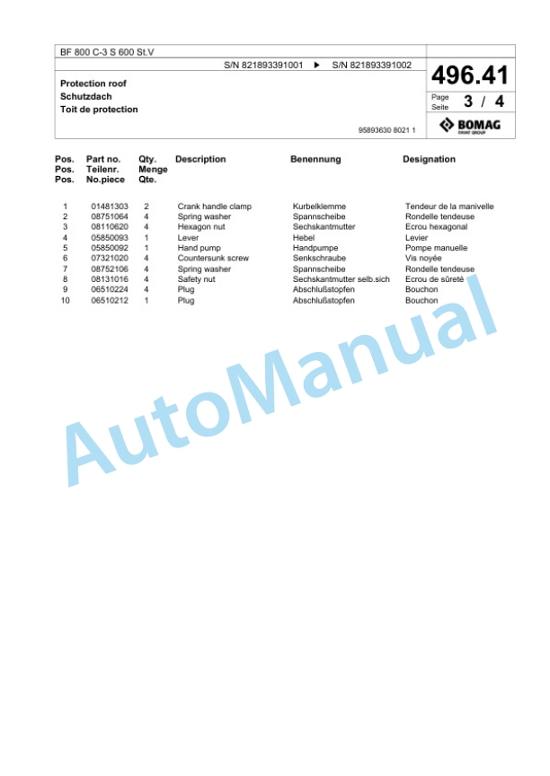 Bomag BF 800 C-3 S 600 St.V Paver Spare Parts Catalogue 00826407-5