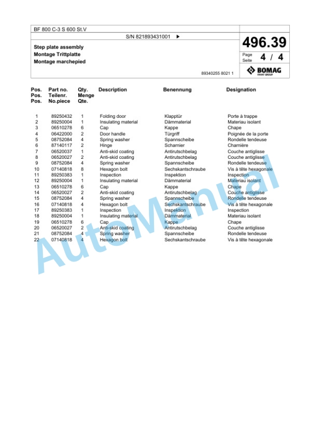Bomag BF 800 C-3 S 600 St.V Paver Spare Parts Catalogue 00826985-3