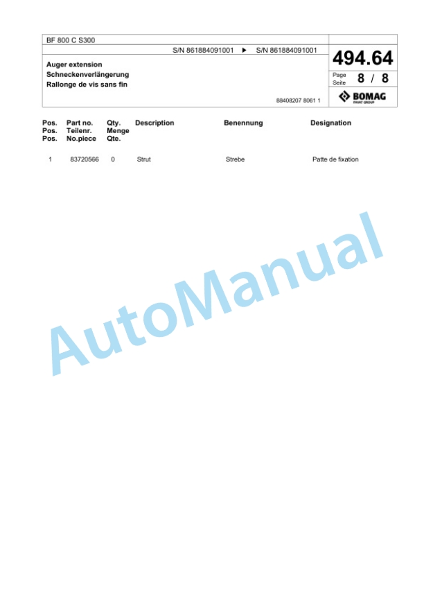 Bomag BF 800 C S300 Paver Spare Parts Catalogue 00800941-3