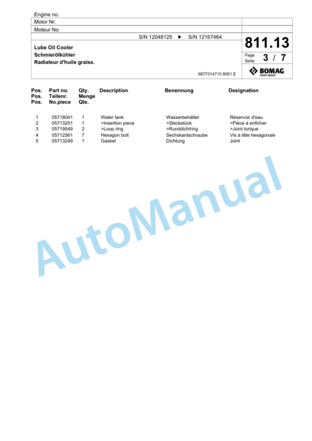 Bomag BF 800 C S300 Paver Spare Parts Catalogue 00800941-5