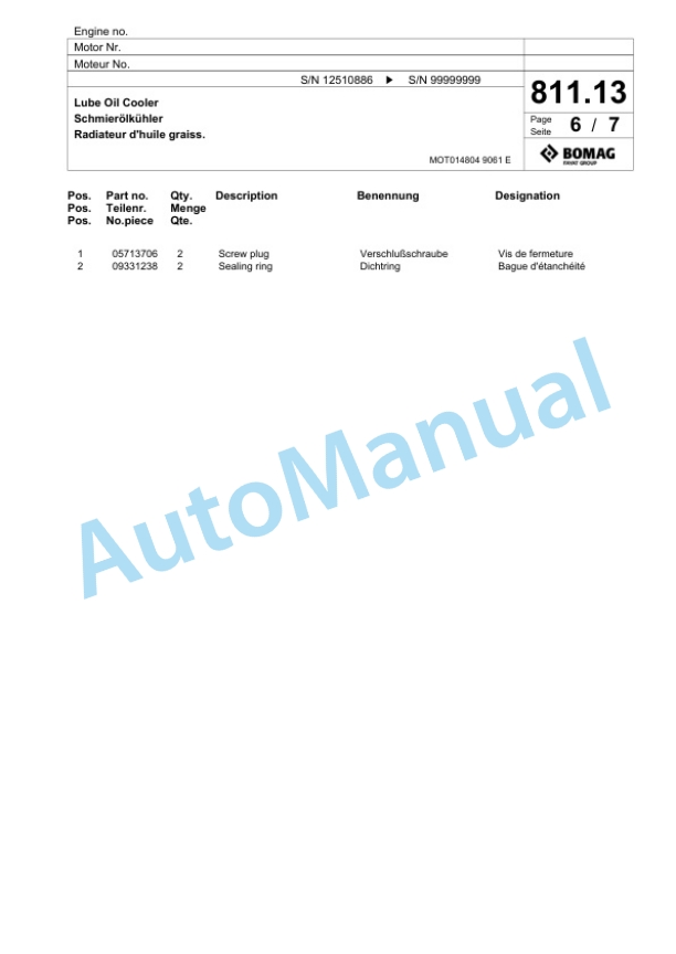 Bomag BF 800 C S300 Paver Spare Parts Catalogue 00826225-4