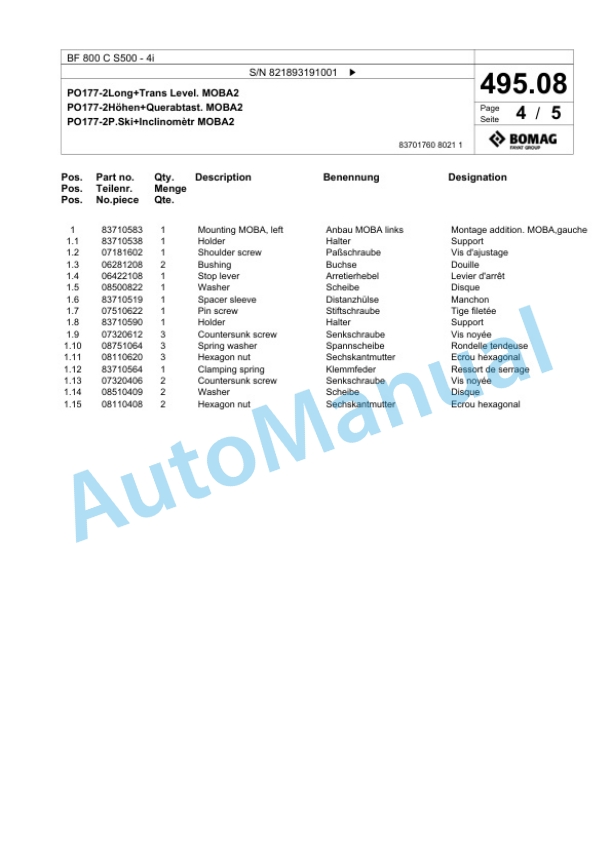 Bomag BF 800 C S500 - 4i Paver Spare Parts Catalogue 00800923-3