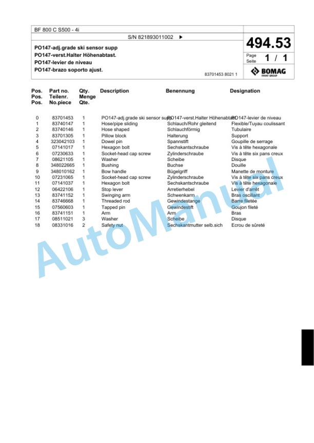 Bomag BF 800 C S500 - 4i Paver Spare Parts Catalogue 00824209-2