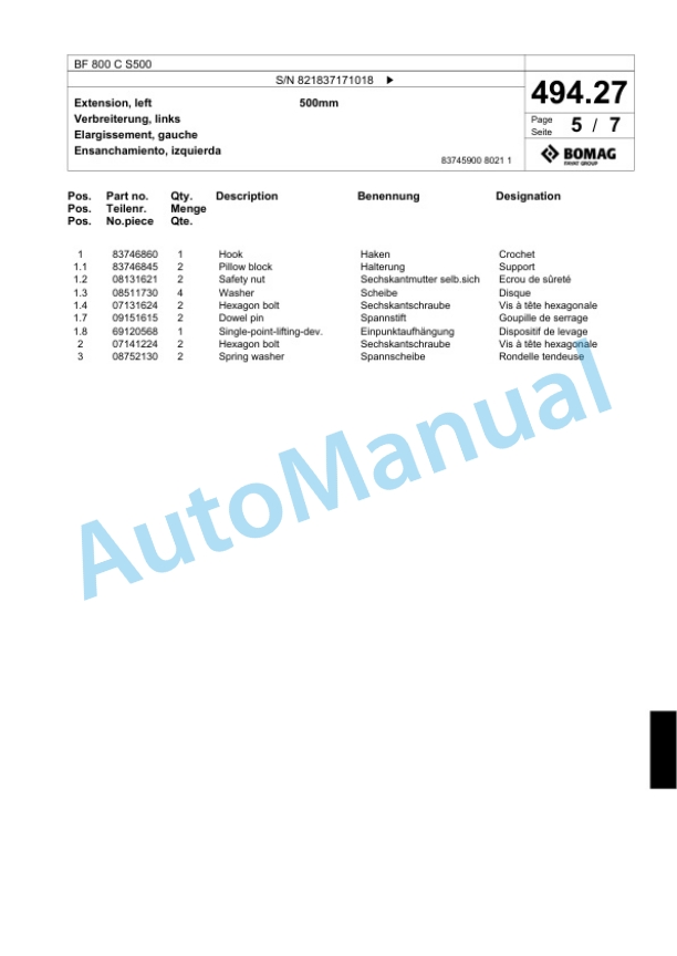 Bomag BF 800 C S500 Paver Spare Parts Catalogue 00800677-2