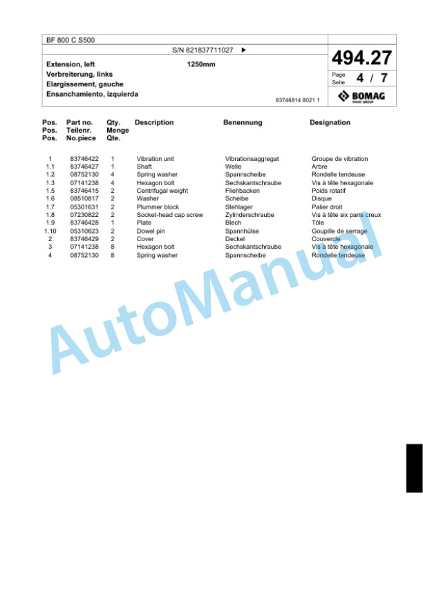 Bomag BF 800 C S500 Paver Spare Parts Catalogue 00800679-2