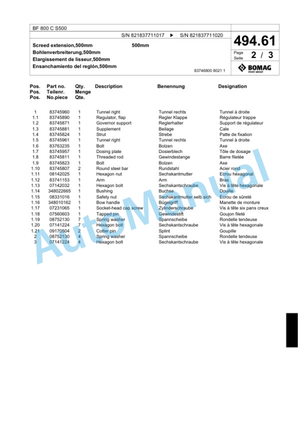 Bomag BF 800 C S500 Paver Spare Parts Catalogue 00800679-3