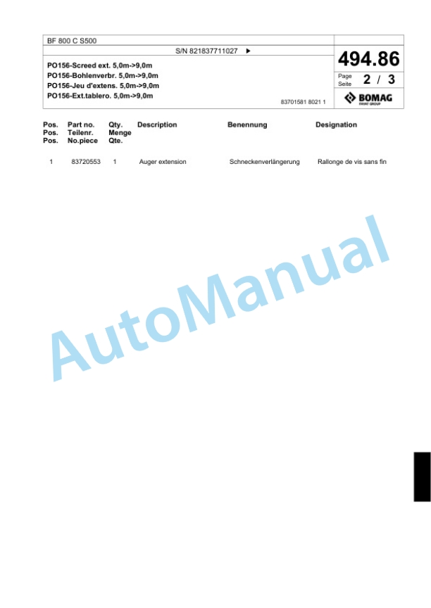 Bomag BF 800 C S500 Paver Spare Parts Catalogue 00800679-4