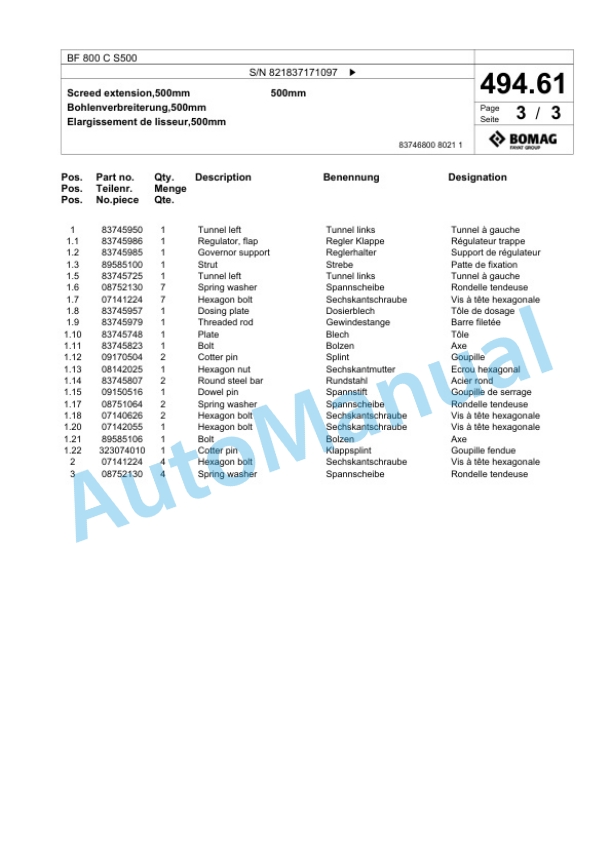 Bomag BF 800 C S500 Paver Spare Parts Catalogue 00800871-3
