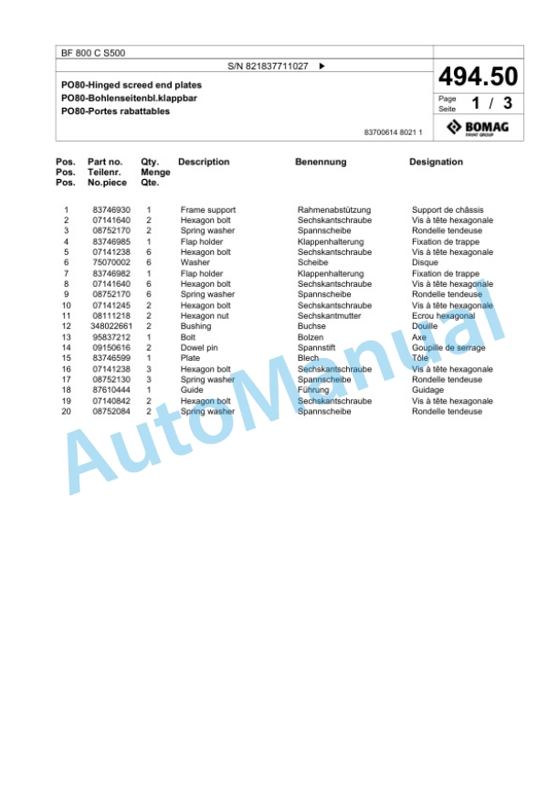Bomag BF 800 C S500 Paver Spare Parts Catalogue 00800877-2