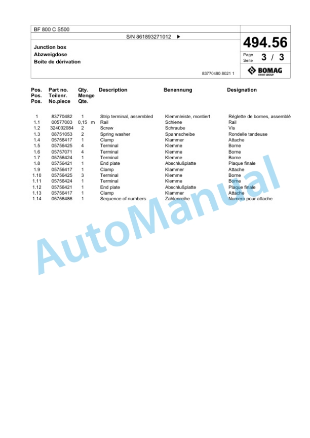 Bomag BF 800 C S500 Paver Spare Parts Catalogue 00800935-3