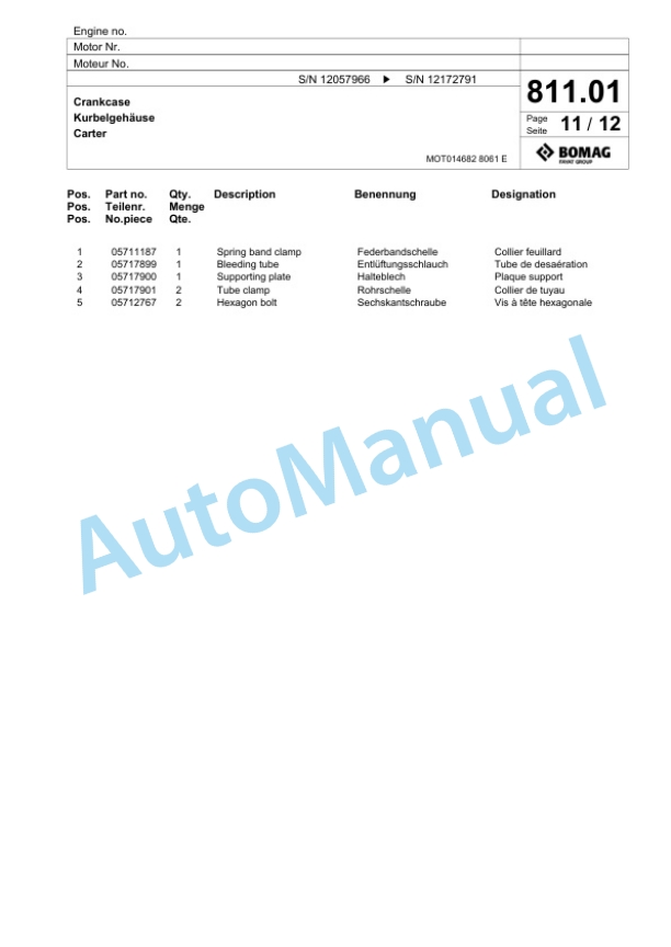 Bomag BF 800 C S500 Paver Spare Parts Catalogue 00825123-5