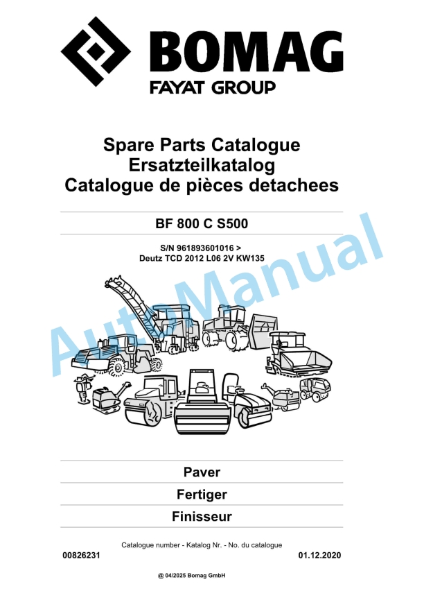 Bomag BF 800 C S500 Paver Spare Parts Catalogue 00826231