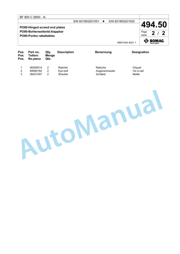 Bomag BF 800 C S600 - 4i Paver Spare Parts Catalogue 00800925-2