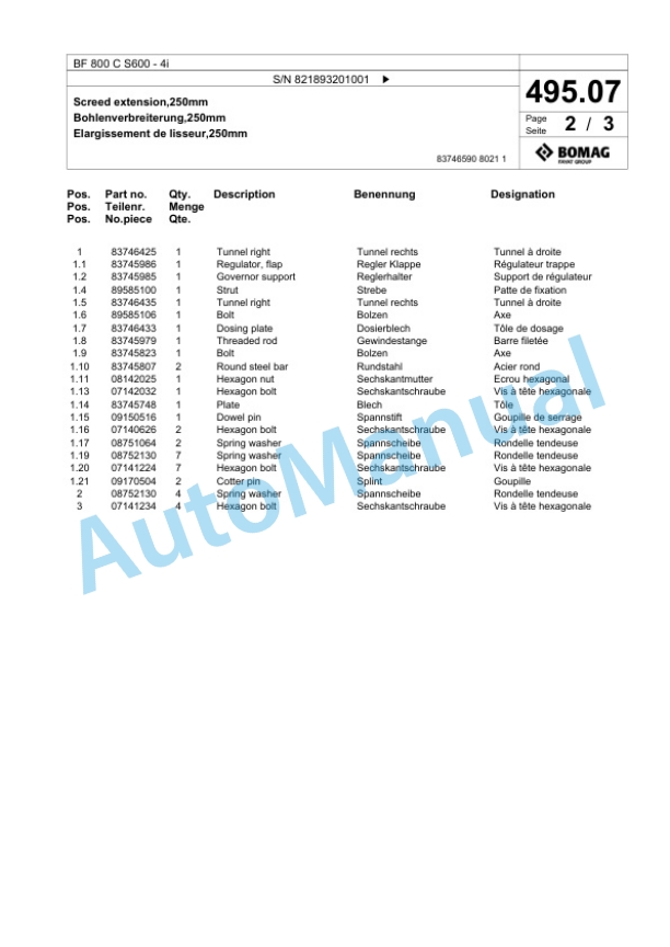 Bomag BF 800 C S600 - 4i Paver Spare Parts Catalogue 00800925-3