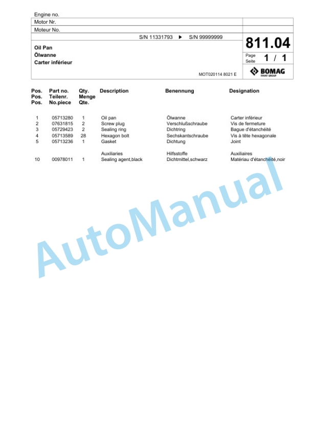 Bomag BF 800 C S600 - 4i Paver Spare Parts Catalogue 00800925-4