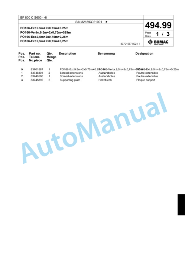 Bomag BF 800 C S600 - 4i Paver Spare Parts Catalogue 00824211-3