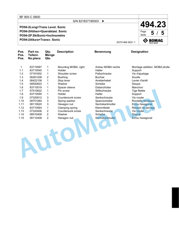 Bomag BF 800 C S600 Paver Spare Parts Catalogue 00800681-2