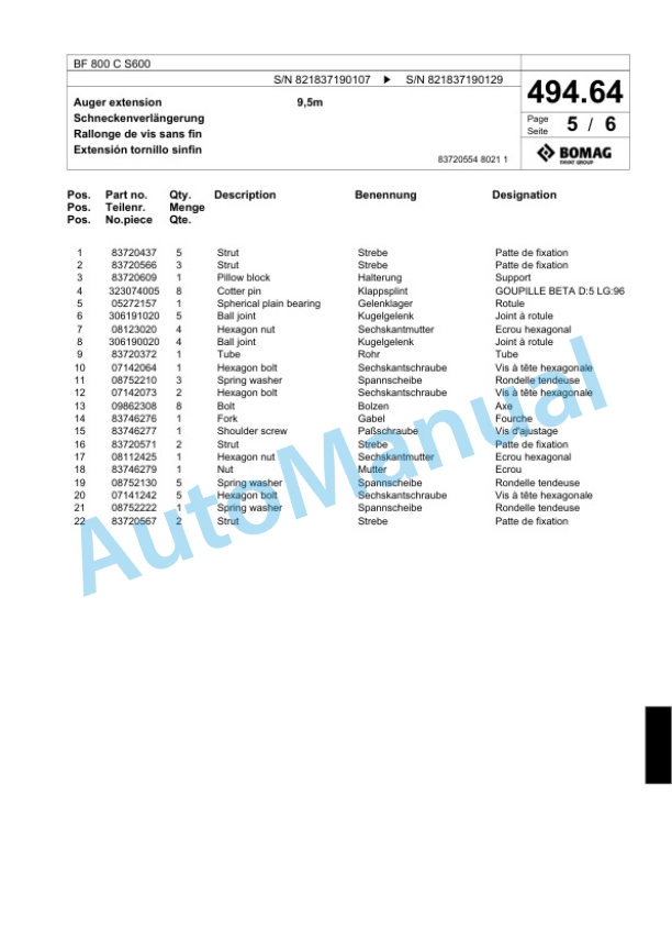 Bomag BF 800 C S600 Paver Spare Parts Catalogue 00800681-4