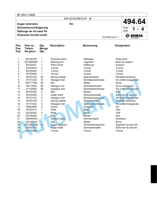 Bomag BF 800 C S600 Paver Spare Parts Catalogue 00800683-3