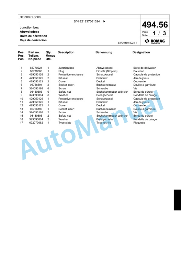 Bomag BF 800 C S600 Paver Spare Parts Catalogue 00800779-2