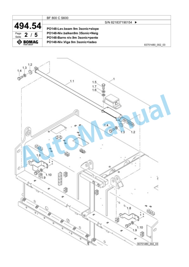 Bomag BF 800 C S600 Paver Spare Parts Catalogue 00800829-2