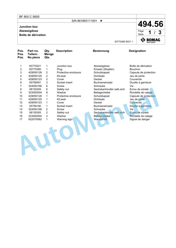 Bomag BF 800 C S600 Paver Spare Parts Catalogue 00800851-3