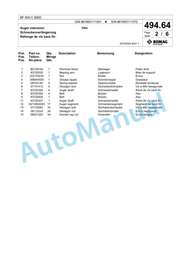 Bomag BF 800 C S600 Paver Spare Parts Catalogue 00800851-4