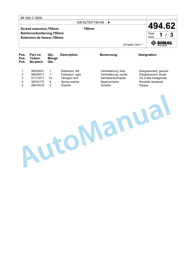 Bomag BF 800 C S600 Paver Spare Parts Catalogue 00800873-3