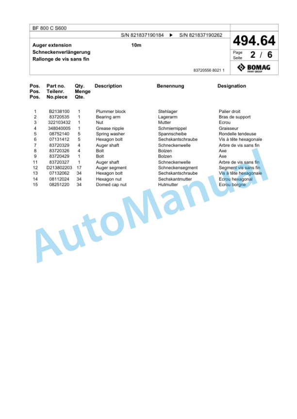 Bomag BF 800 C S600 Paver Spare Parts Catalogue 00800873-4
