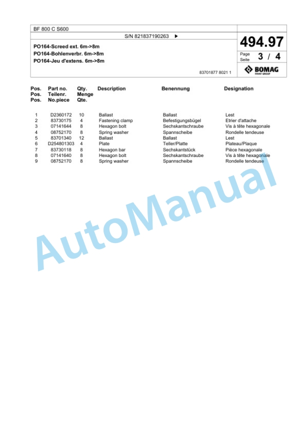 Bomag BF 800 C S600 Paver Spare Parts Catalogue 00800873-5
