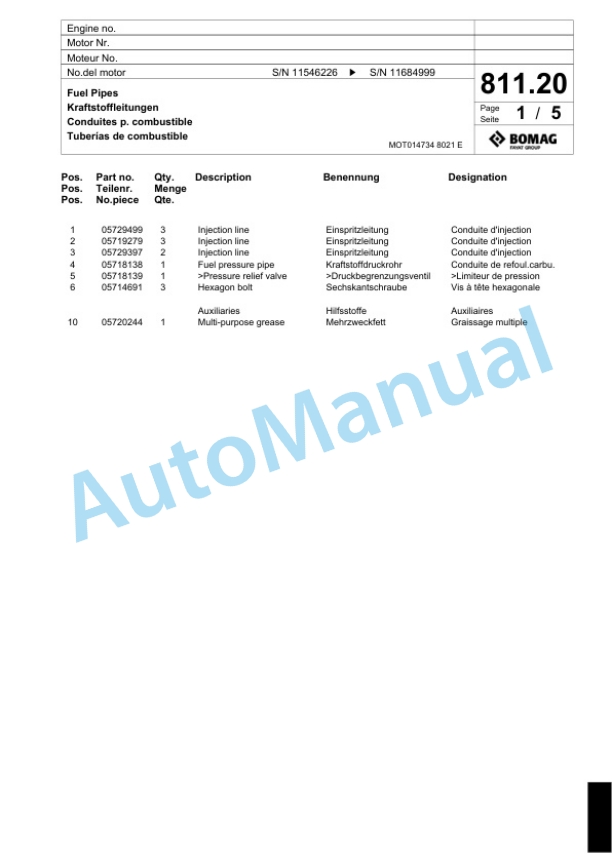 Bomag BF 800 C S600 Paver Spare Parts Catalogue 00824541-4